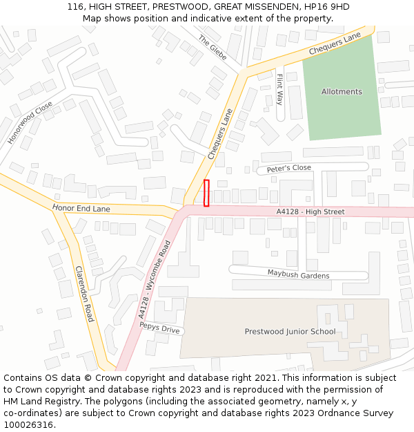 116, HIGH STREET, PRESTWOOD, GREAT MISSENDEN, HP16 9HD: Location map and indicative extent of plot