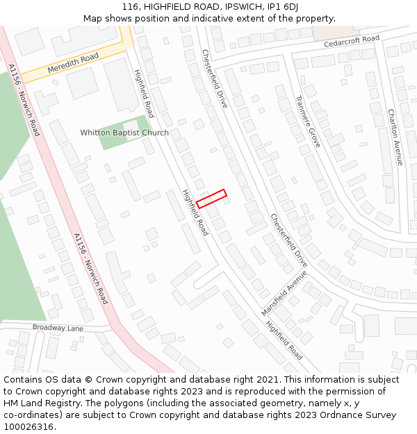 116, HIGHFIELD ROAD, IPSWICH, IP1 6DJ: Location map and indicative extent of plot