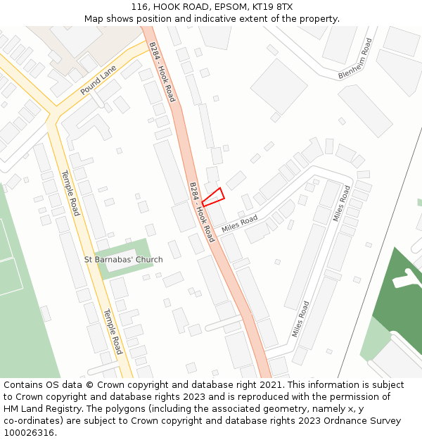 116, HOOK ROAD, EPSOM, KT19 8TX: Location map and indicative extent of plot