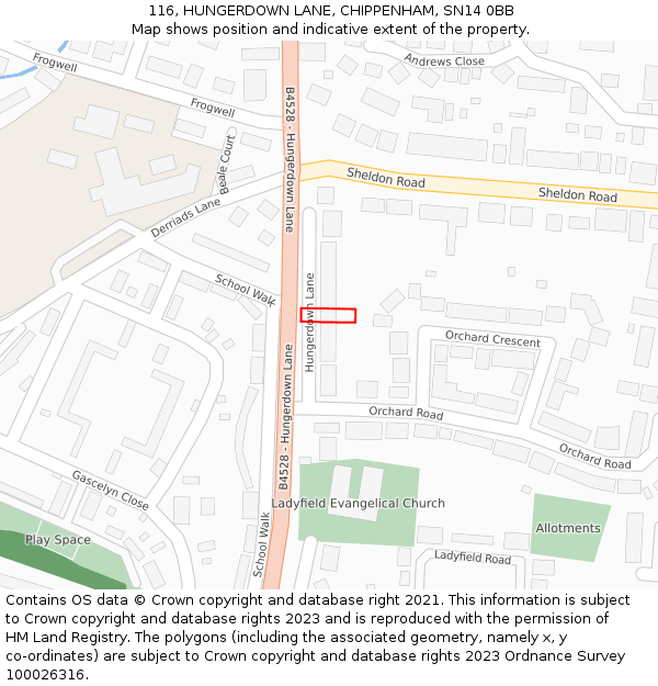 116, HUNGERDOWN LANE, CHIPPENHAM, SN14 0BB: Location map and indicative extent of plot