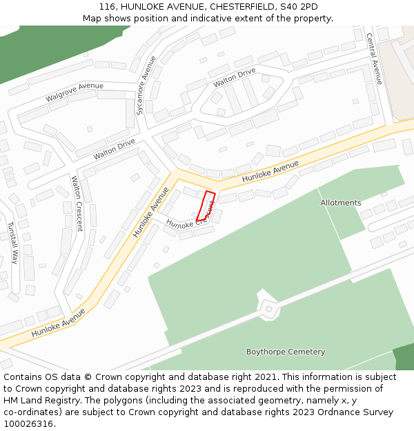 116, HUNLOKE AVENUE, CHESTERFIELD, S40 2PD: Location map and indicative extent of plot