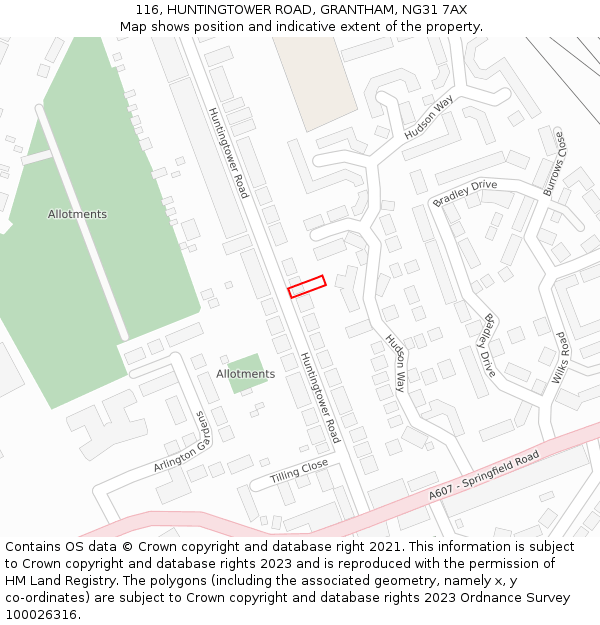 116, HUNTINGTOWER ROAD, GRANTHAM, NG31 7AX: Location map and indicative extent of plot