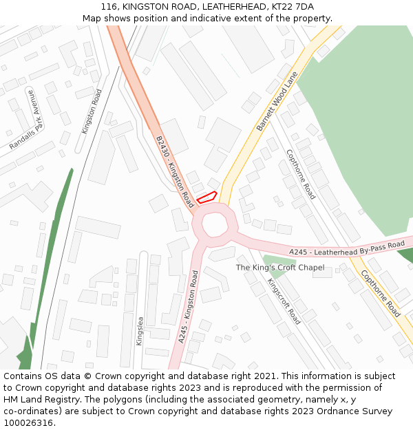 116, KINGSTON ROAD, LEATHERHEAD, KT22 7DA: Location map and indicative extent of plot