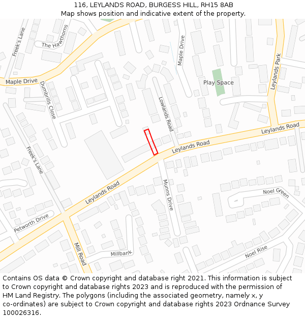 116, LEYLANDS ROAD, BURGESS HILL, RH15 8AB: Location map and indicative extent of plot