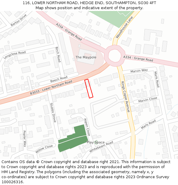 116, LOWER NORTHAM ROAD, HEDGE END, SOUTHAMPTON, SO30 4FT: Location map and indicative extent of plot