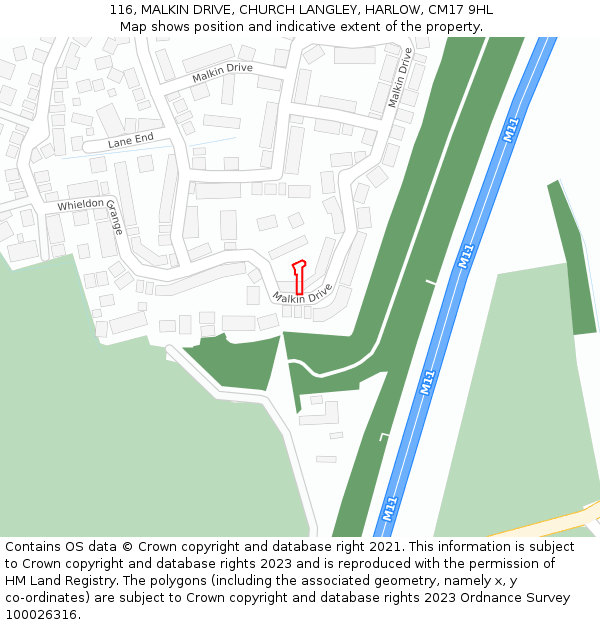 116, MALKIN DRIVE, CHURCH LANGLEY, HARLOW, CM17 9HL: Location map and indicative extent of plot