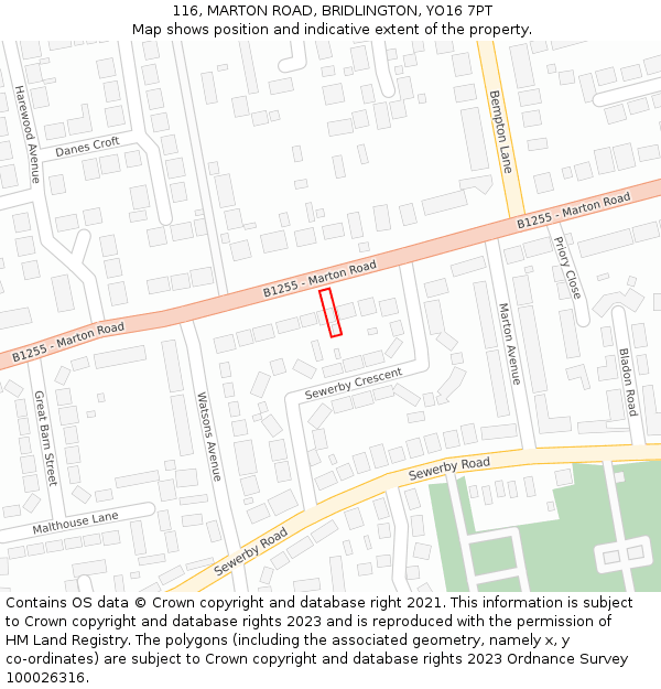 116, MARTON ROAD, BRIDLINGTON, YO16 7PT: Location map and indicative extent of plot