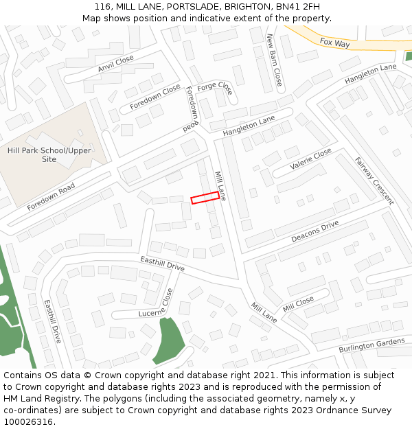 116, MILL LANE, PORTSLADE, BRIGHTON, BN41 2FH: Location map and indicative extent of plot