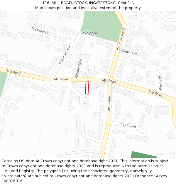 116, MILL ROAD, STOCK, INGATESTONE, CM4 9LN: Location map and indicative extent of plot