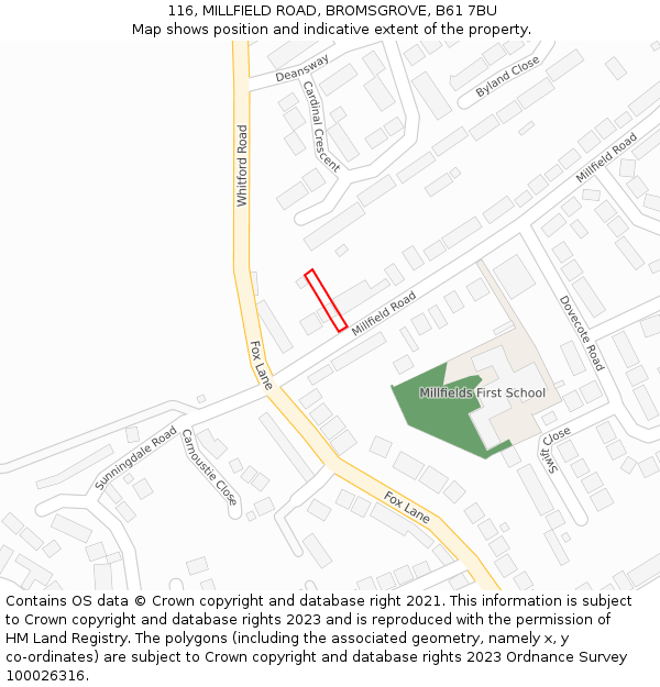 116, MILLFIELD ROAD, BROMSGROVE, B61 7BU: Location map and indicative extent of plot