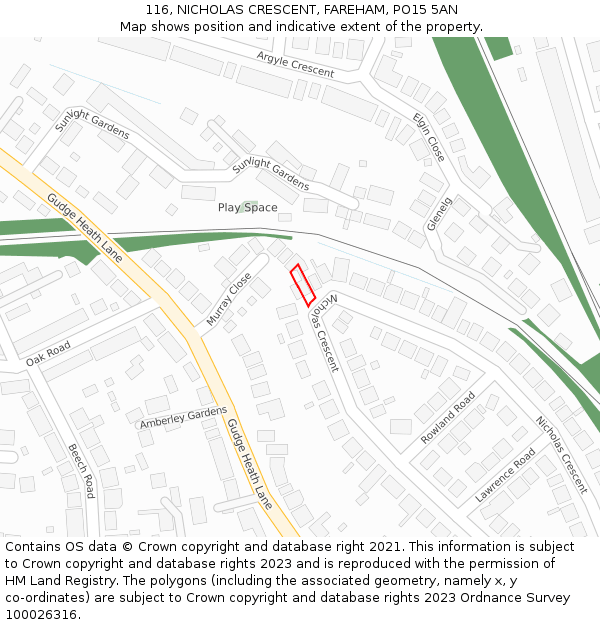 116, NICHOLAS CRESCENT, FAREHAM, PO15 5AN: Location map and indicative extent of plot