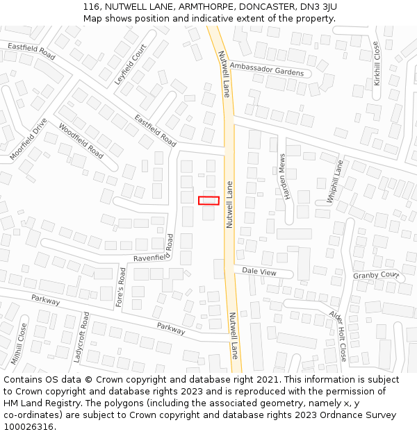 116, NUTWELL LANE, ARMTHORPE, DONCASTER, DN3 3JU: Location map and indicative extent of plot