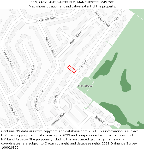 116, PARK LANE, WHITEFIELD, MANCHESTER, M45 7PT: Location map and indicative extent of plot