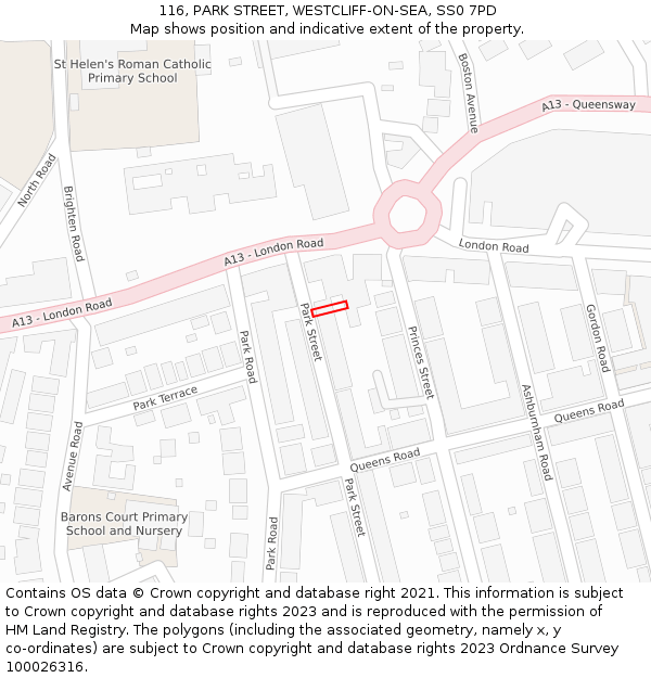 116, PARK STREET, WESTCLIFF-ON-SEA, SS0 7PD: Location map and indicative extent of plot