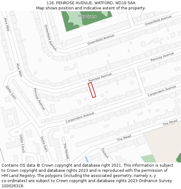 116, PENROSE AVENUE, WATFORD, WD19 5AA: Location map and indicative extent of plot