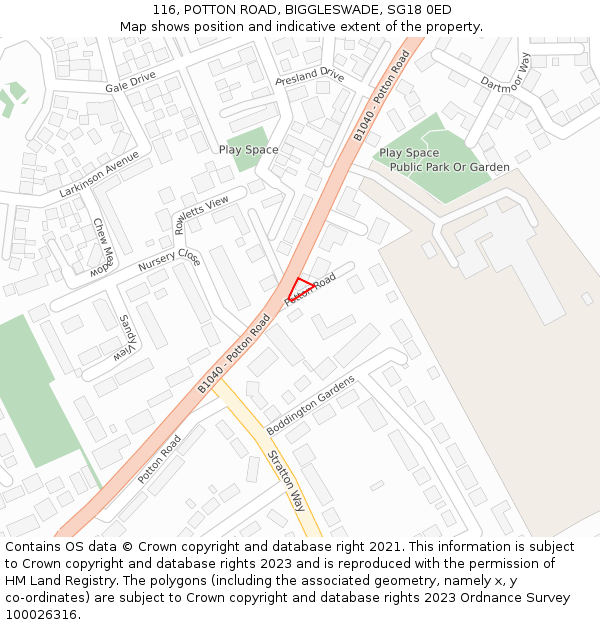 116, POTTON ROAD, BIGGLESWADE, SG18 0ED: Location map and indicative extent of plot