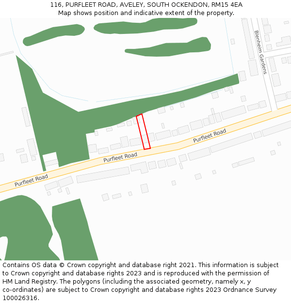 116, PURFLEET ROAD, AVELEY, SOUTH OCKENDON, RM15 4EA: Location map and indicative extent of plot