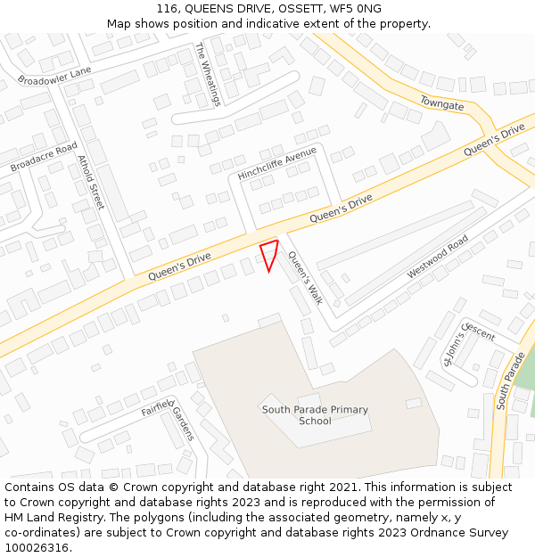 116, QUEENS DRIVE, OSSETT, WF5 0NG: Location map and indicative extent of plot