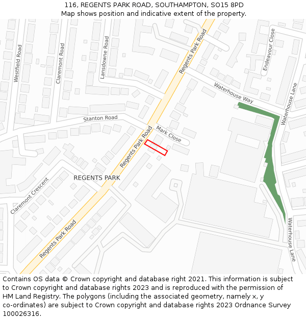 116, REGENTS PARK ROAD, SOUTHAMPTON, SO15 8PD: Location map and indicative extent of plot