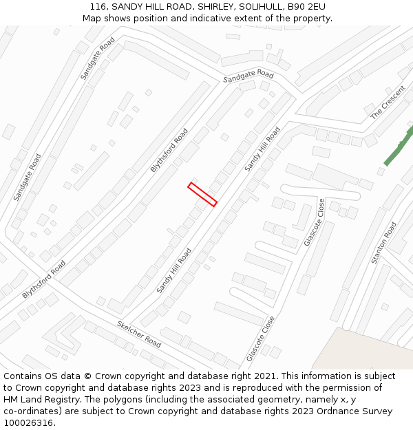 116, SANDY HILL ROAD, SHIRLEY, SOLIHULL, B90 2EU: Location map and indicative extent of plot