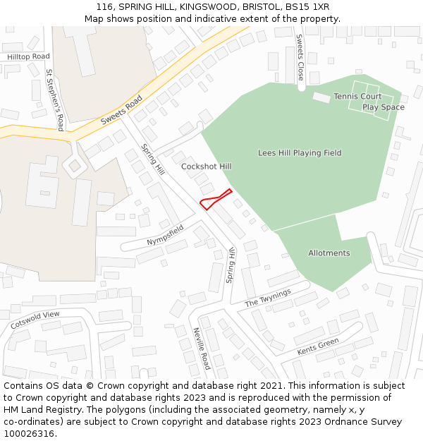 116, SPRING HILL, KINGSWOOD, BRISTOL, BS15 1XR: Location map and indicative extent of plot