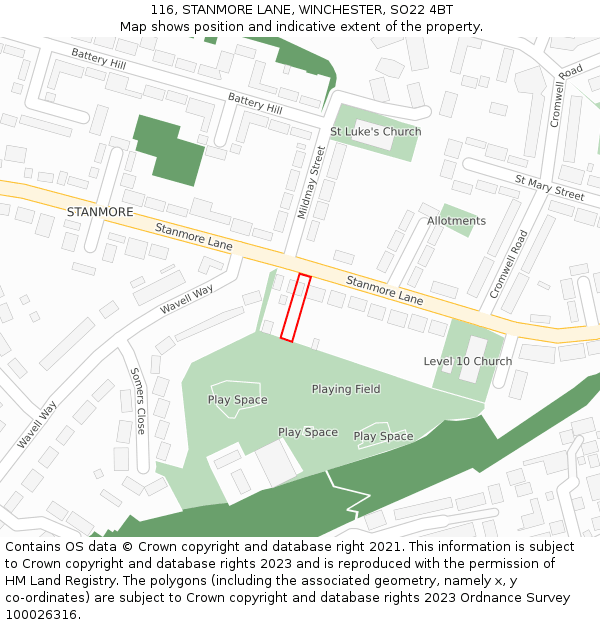 116, STANMORE LANE, WINCHESTER, SO22 4BT: Location map and indicative extent of plot