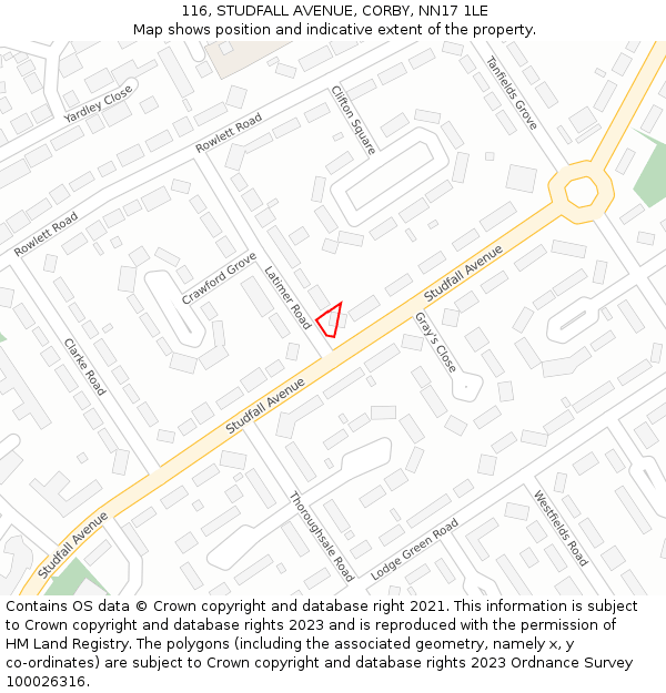 116, STUDFALL AVENUE, CORBY, NN17 1LE: Location map and indicative extent of plot