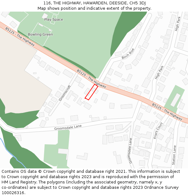 116, THE HIGHWAY, HAWARDEN, DEESIDE, CH5 3DJ: Location map and indicative extent of plot