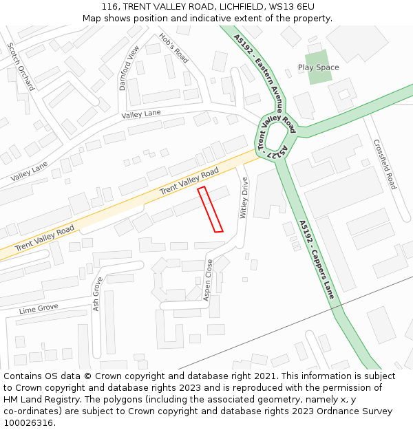 116, TRENT VALLEY ROAD, LICHFIELD, WS13 6EU: Location map and indicative extent of plot