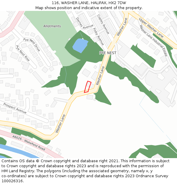 116, WASHER LANE, HALIFAX, HX2 7DW: Location map and indicative extent of plot