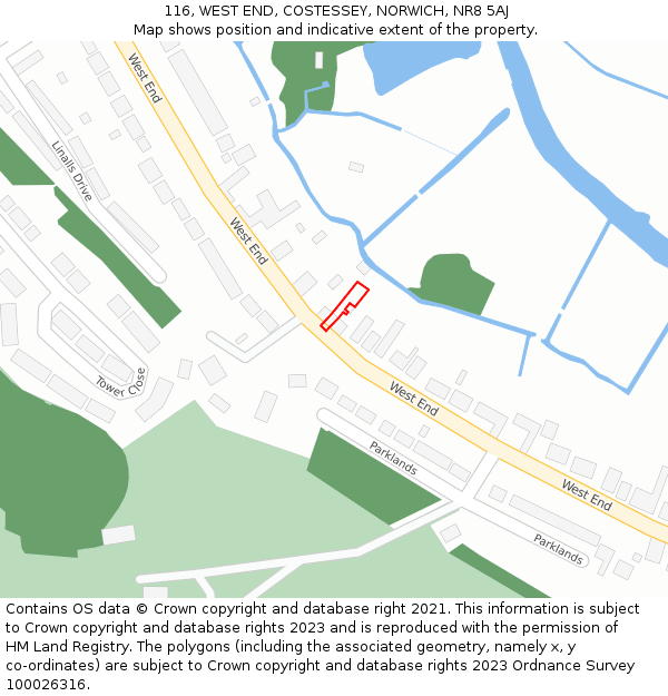 116, WEST END, COSTESSEY, NORWICH, NR8 5AJ: Location map and indicative extent of plot