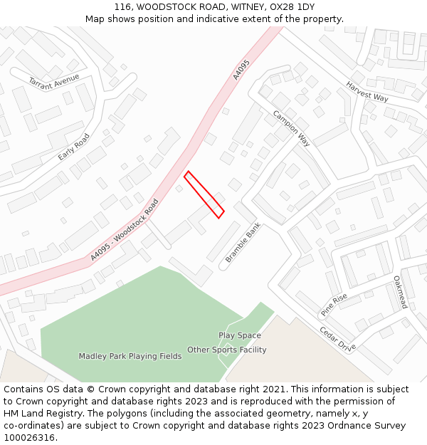 116, WOODSTOCK ROAD, WITNEY, OX28 1DY: Location map and indicative extent of plot