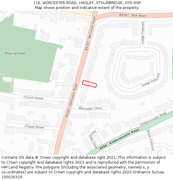 116, WORCESTER ROAD, HAGLEY, STOURBRIDGE, DY9 0NR: Location map and indicative extent of plot