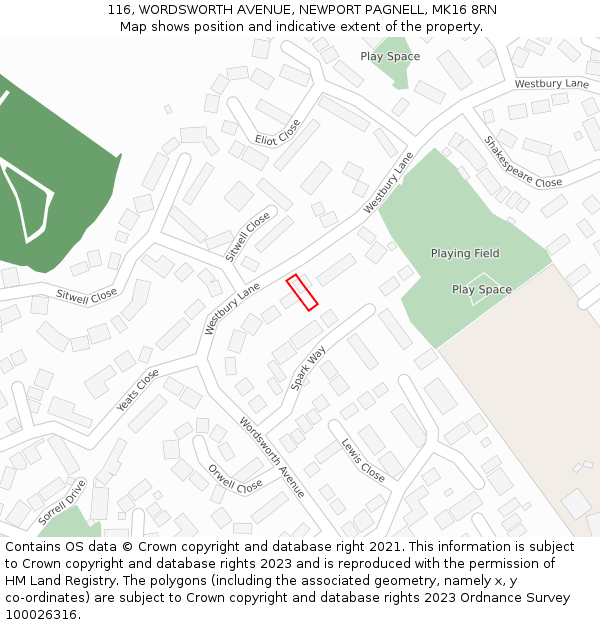 116, WORDSWORTH AVENUE, NEWPORT PAGNELL, MK16 8RN: Location map and indicative extent of plot