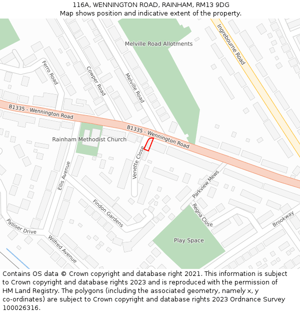 116A, WENNINGTON ROAD, RAINHAM, RM13 9DG: Location map and indicative extent of plot