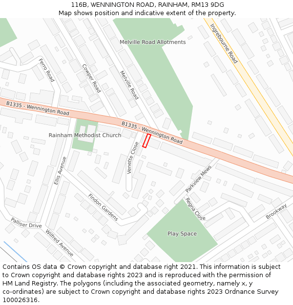 116B, WENNINGTON ROAD, RAINHAM, RM13 9DG: Location map and indicative extent of plot