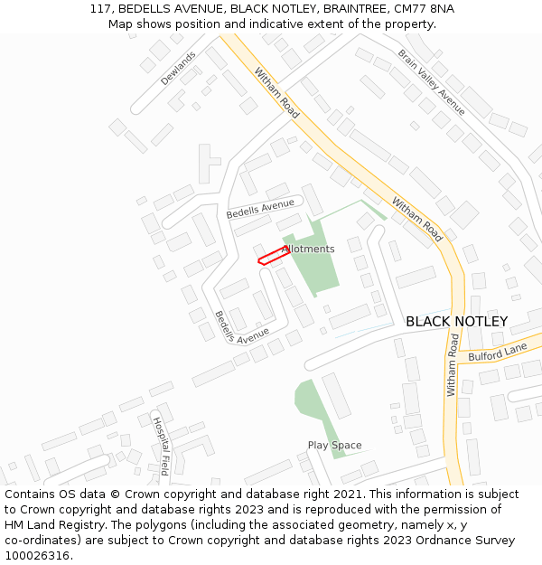 117, BEDELLS AVENUE, BLACK NOTLEY, BRAINTREE, CM77 8NA: Location map and indicative extent of plot