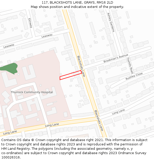 117, BLACKSHOTS LANE, GRAYS, RM16 2LD: Location map and indicative extent of plot