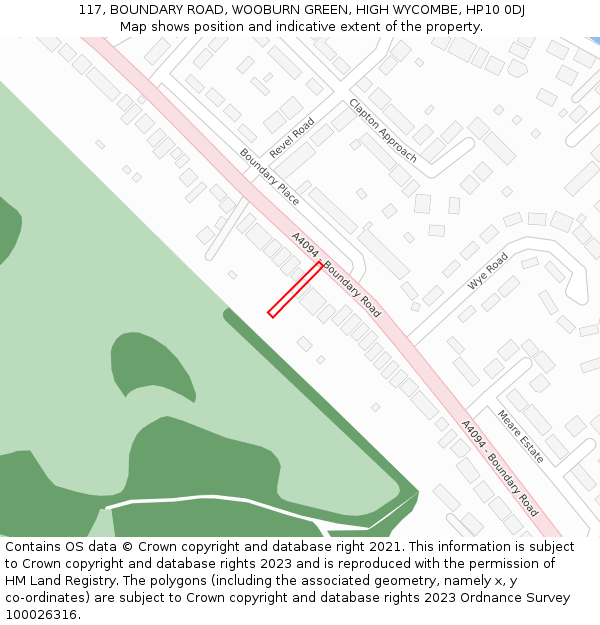 117, BOUNDARY ROAD, WOOBURN GREEN, HIGH WYCOMBE, HP10 0DJ: Location map and indicative extent of plot