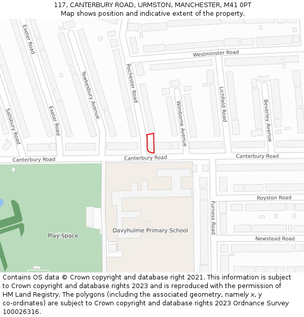 117, CANTERBURY ROAD, URMSTON, MANCHESTER, M41 0PT: Location map and indicative extent of plot