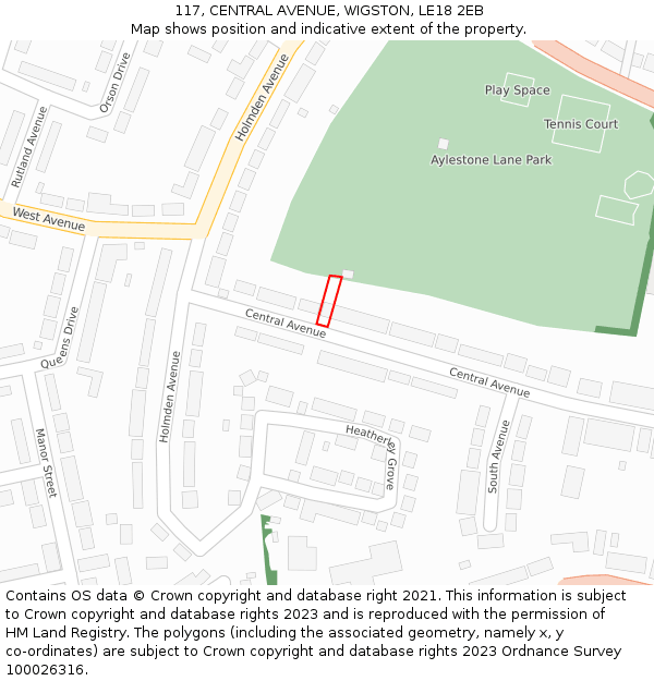 117, CENTRAL AVENUE, WIGSTON, LE18 2EB: Location map and indicative extent of plot