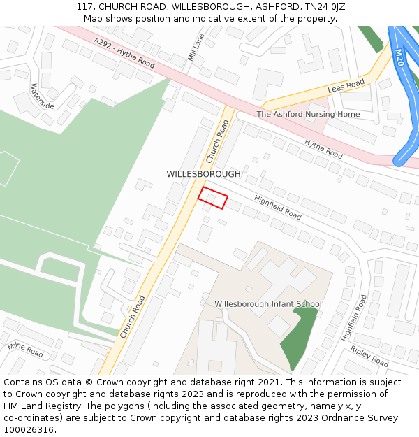 117, CHURCH ROAD, WILLESBOROUGH, ASHFORD, TN24 0JZ: Location map and indicative extent of plot