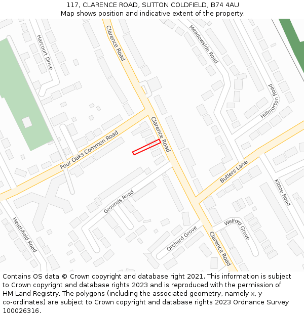 117, CLARENCE ROAD, SUTTON COLDFIELD, B74 4AU: Location map and indicative extent of plot