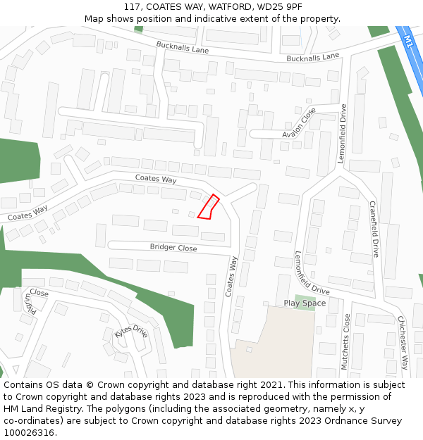 117, COATES WAY, WATFORD, WD25 9PF: Location map and indicative extent of plot