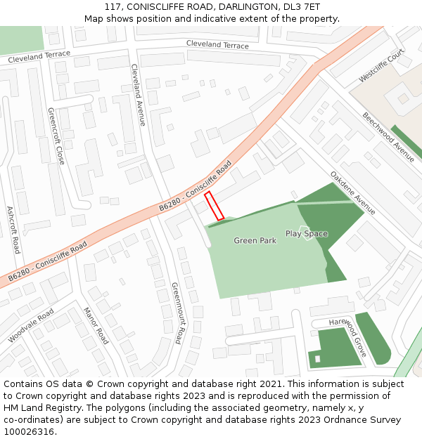 117, CONISCLIFFE ROAD, DARLINGTON, DL3 7ET: Location map and indicative extent of plot