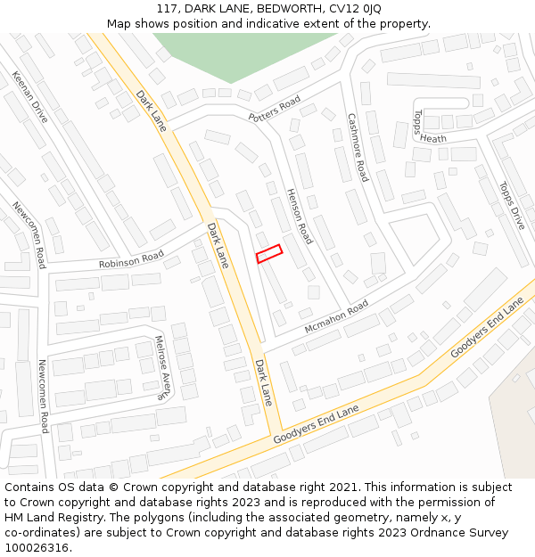 117, DARK LANE, BEDWORTH, CV12 0JQ: Location map and indicative extent of plot