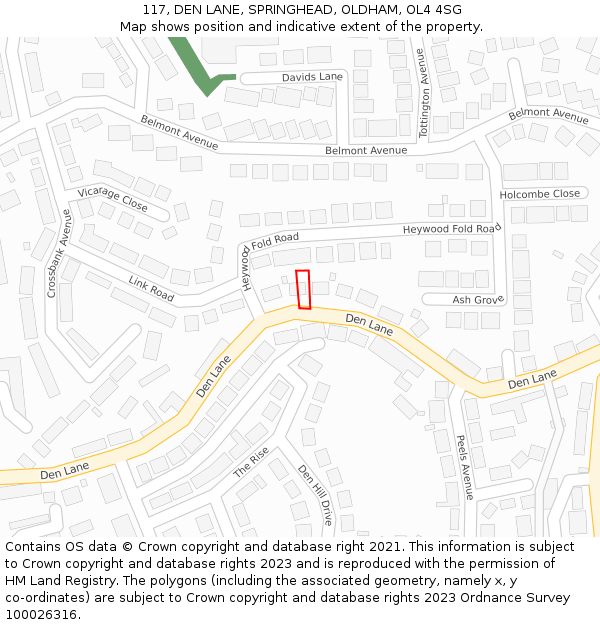117, DEN LANE, SPRINGHEAD, OLDHAM, OL4 4SG: Location map and indicative extent of plot