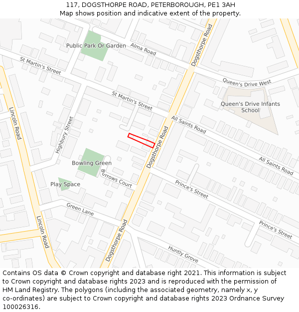 117, DOGSTHORPE ROAD, PETERBOROUGH, PE1 3AH: Location map and indicative extent of plot