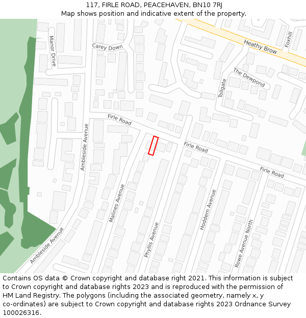 117, FIRLE ROAD, PEACEHAVEN, BN10 7RJ: Location map and indicative extent of plot