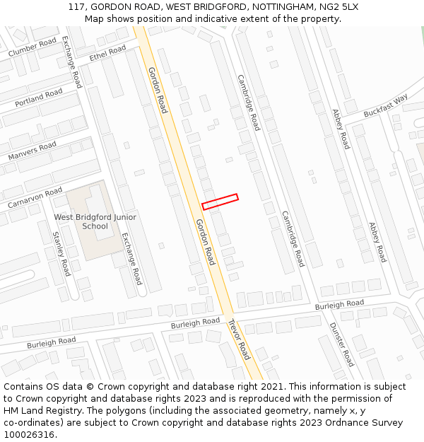 117, GORDON ROAD, WEST BRIDGFORD, NOTTINGHAM, NG2 5LX: Location map and indicative extent of plot